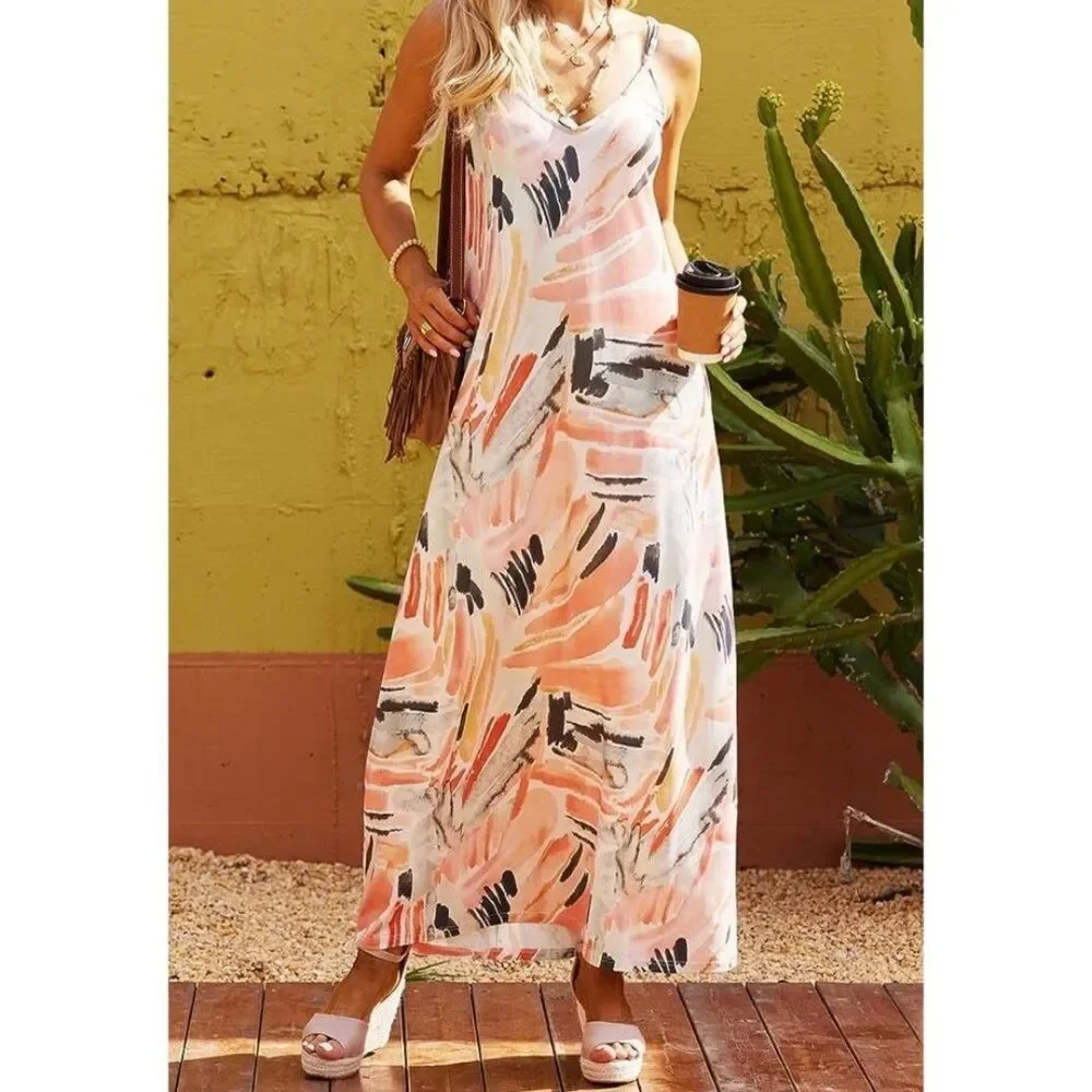 Women’s Sleeveless maxi dress  long Floral Printed  Long Maxi Dress pocket XL.